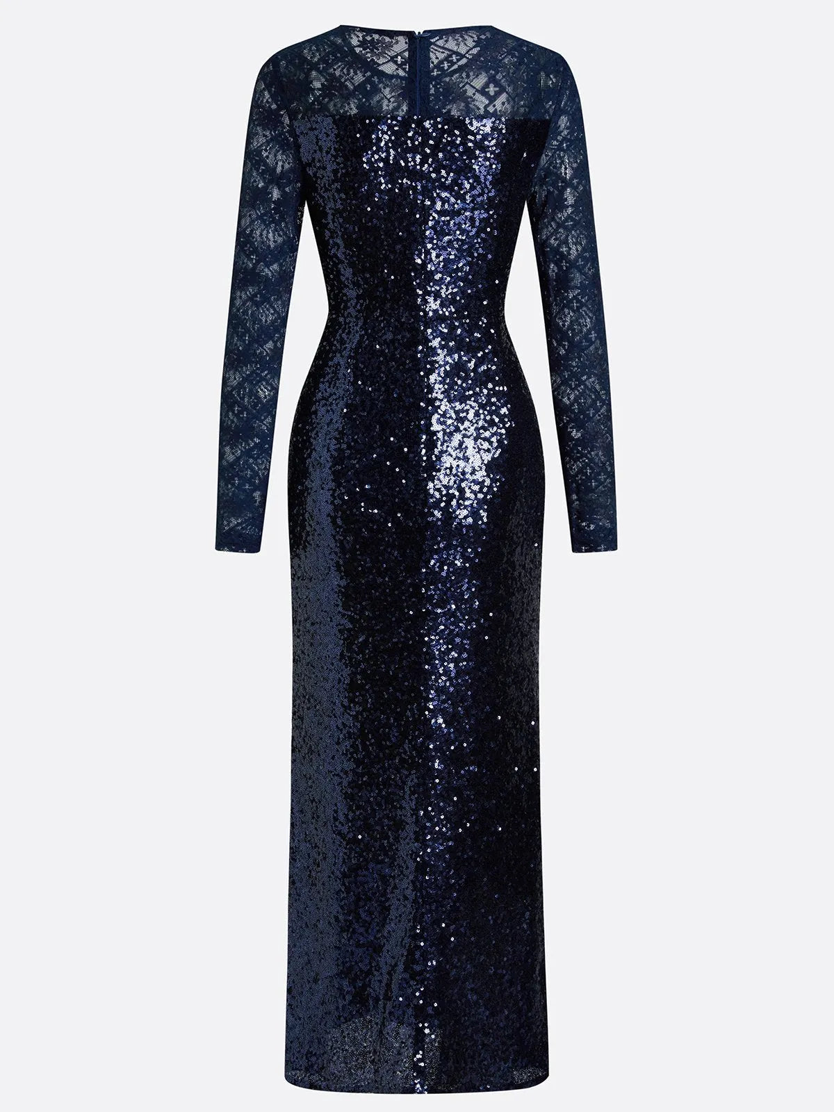 Navy Blue Lace Sequin Crew Neck Long Sleeve Sheath Maxi Dress