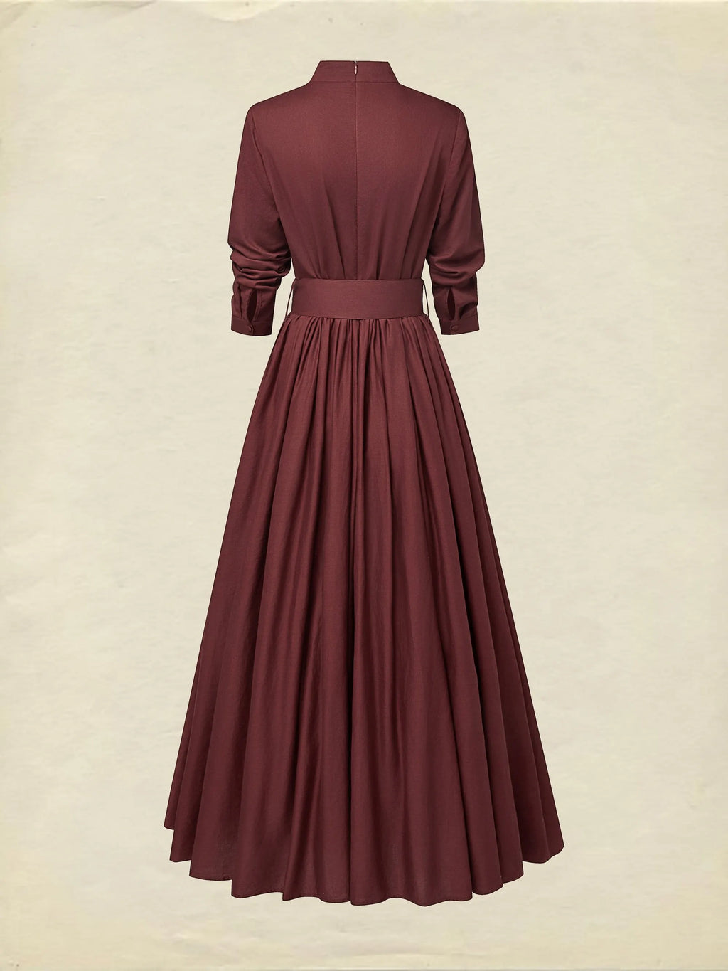 Maxi Linen Dress, Long Sleeves, Stand Collar, Plain, Button Design, Vintage, Red