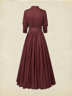 Maxi Linen Dress, Long Sleeves, Stand Collar, Plain, Button Design, Vintage, Red