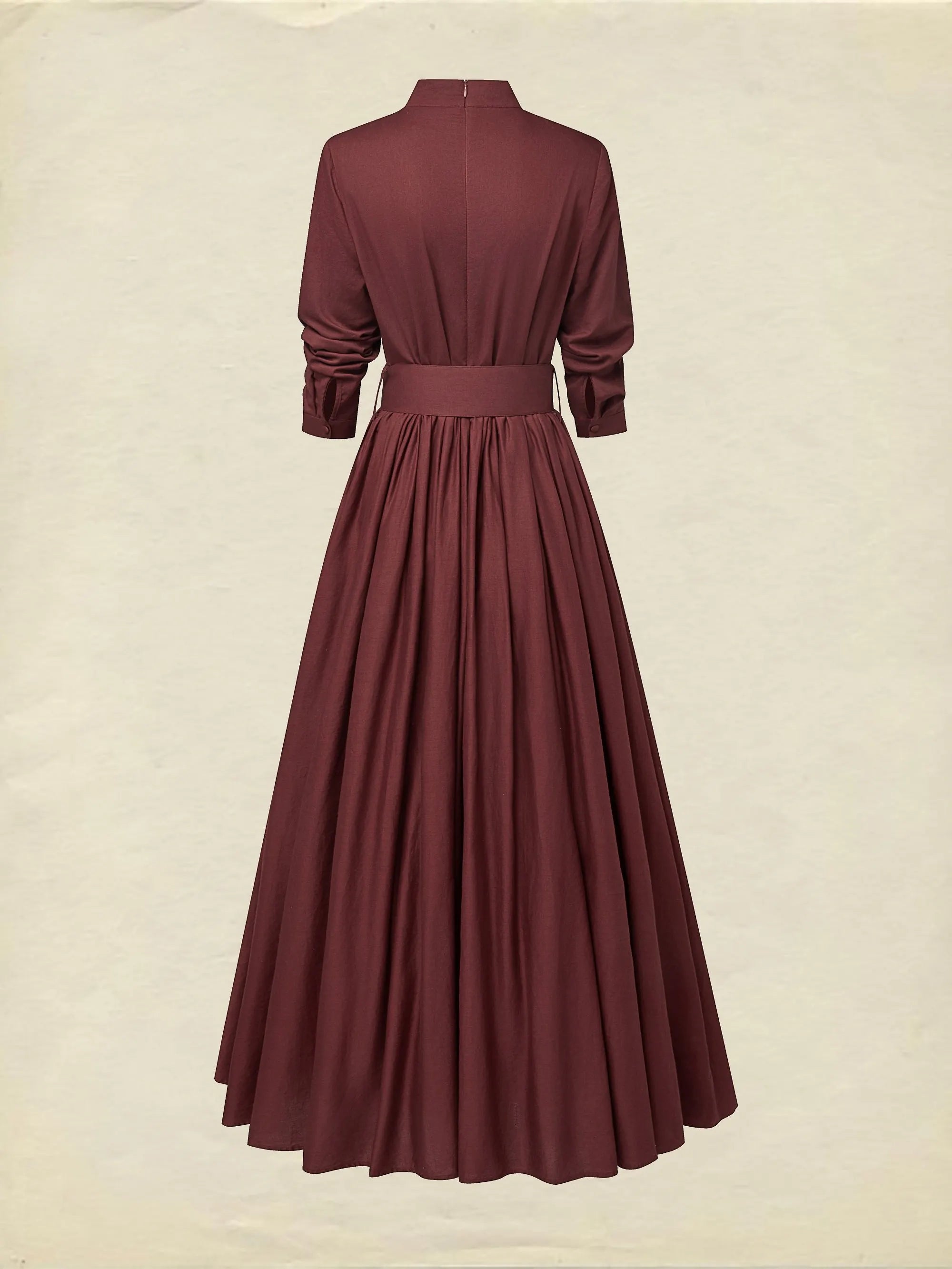 Maxi Linen Dress, Long Sleeves, Stand Collar, Plain, Button Design, Vintage, Red