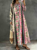 Women's Vintage Paisley Stripes Art Print Lapel Collar Pleated Long Sleeve Casual Loose Denim Dress