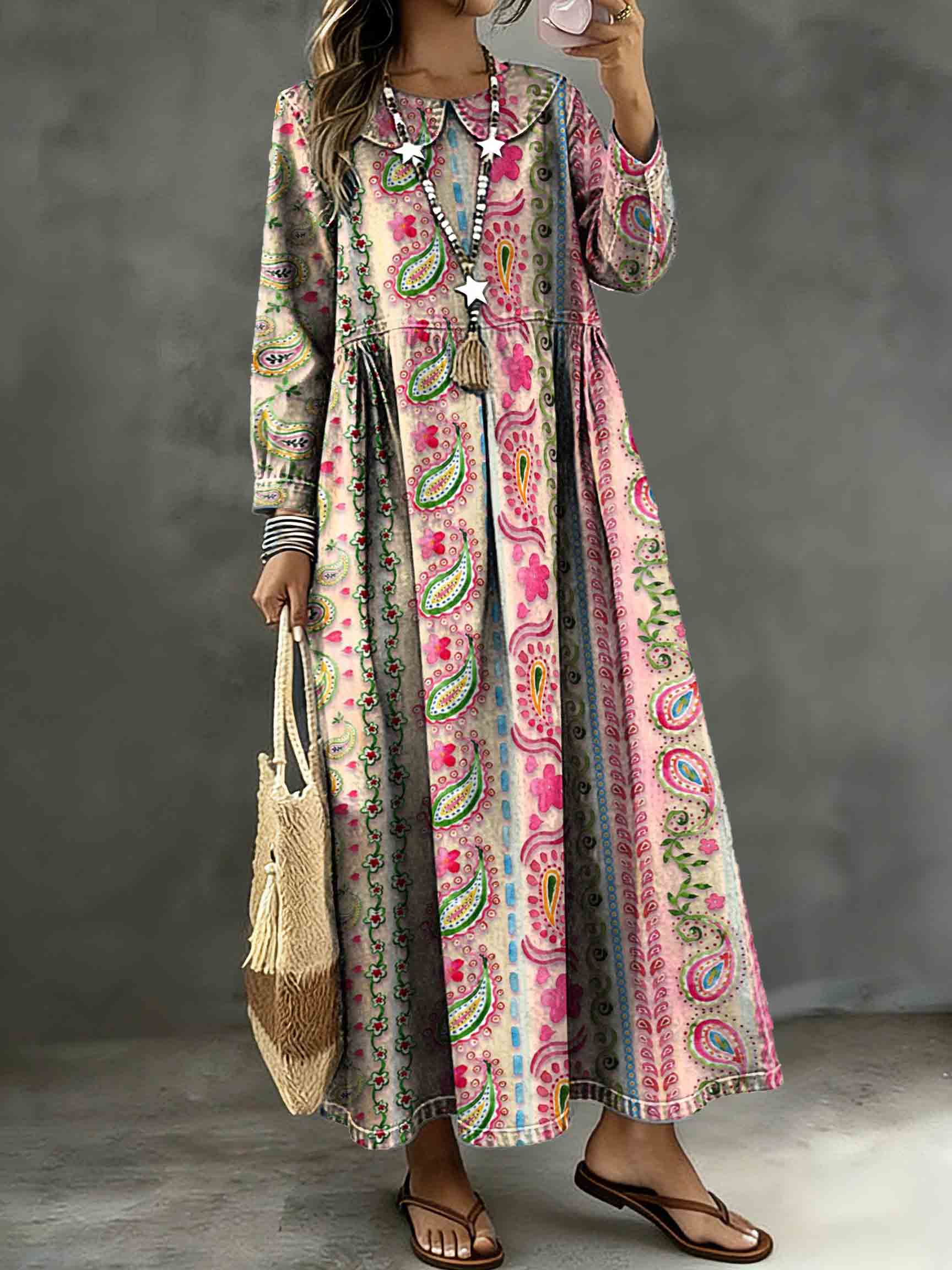 Women's Vintage Paisley Stripes Art Print Lapel Collar Pleated Long Sleeve Casual Loose Denim Dress