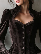 Retro Chocolate Velvet Corset Blouse With Lace Trim