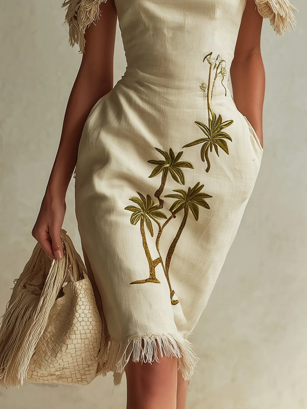 Beige Linen Embroidered Tassel Mini Dress