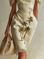 Beige Linen Embroidered Tassel Mini Dress