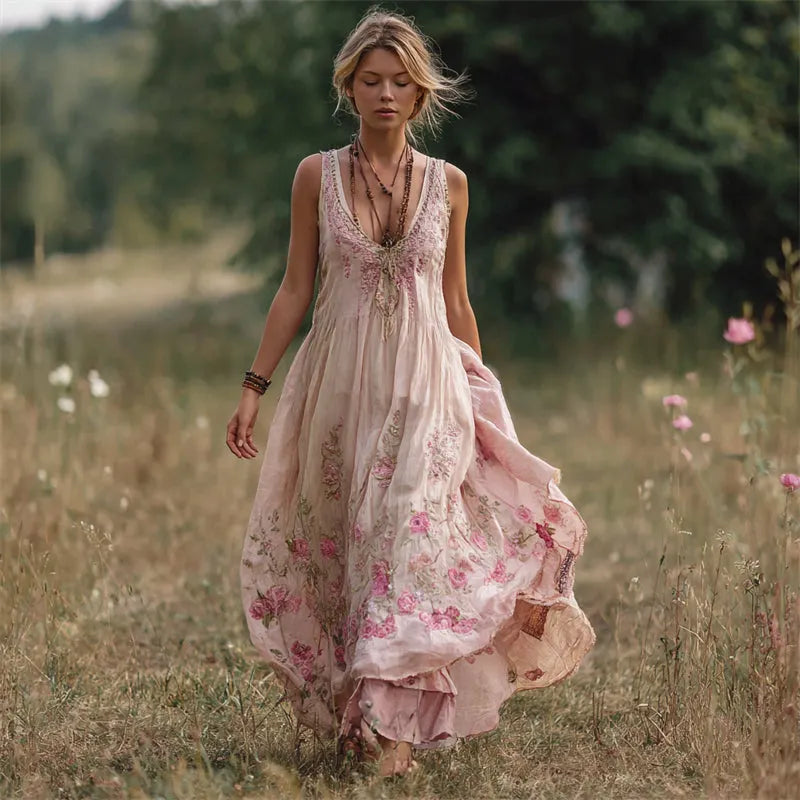 Boho Pink Roses Embroidered Flowy Linen Maxi Tank Dress