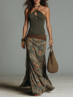 Boho Keyhole-Neck Vintage Floral Print Maxi Dress