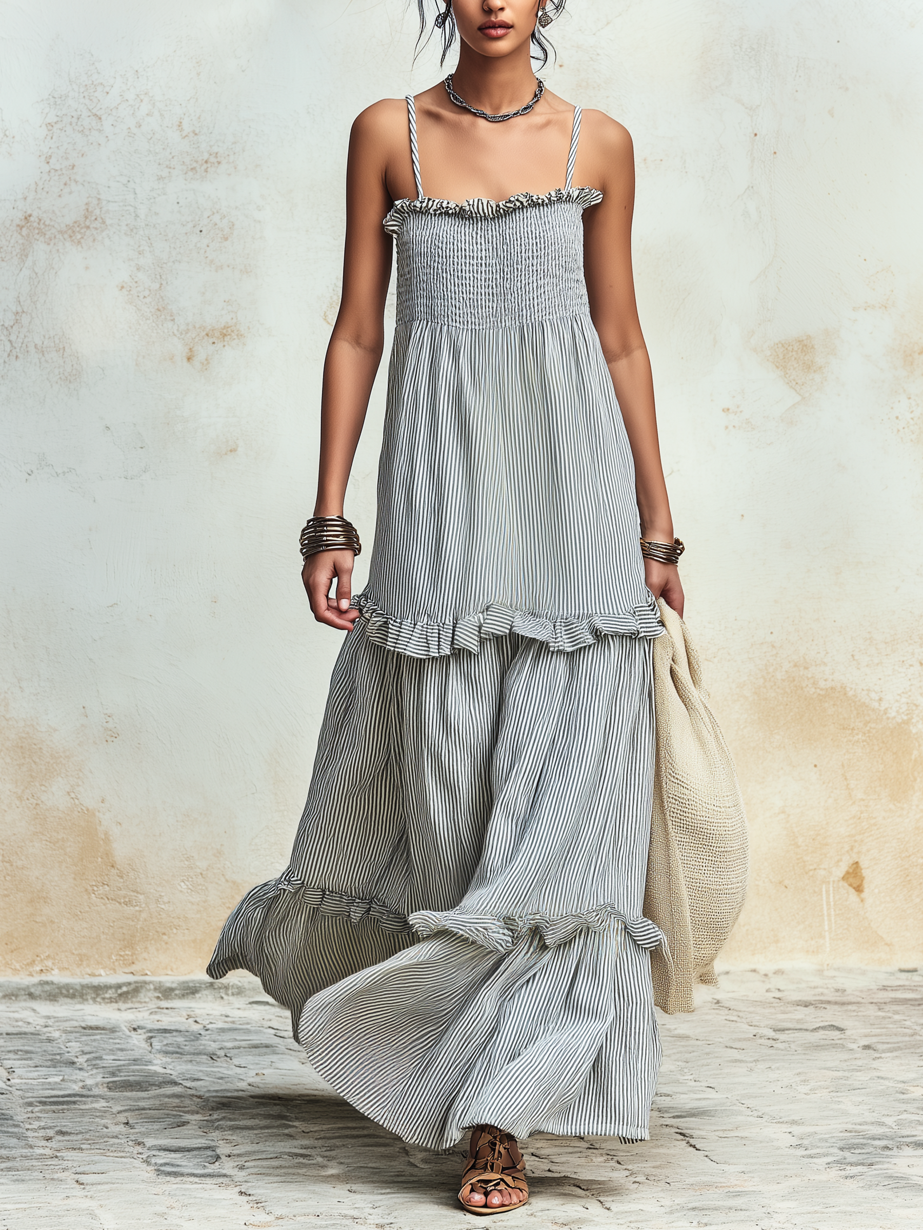 Tiered Ruffled Striped Smocked Cami Maxi Dress