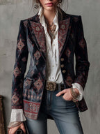 Retro Ethnic Print Polyester Velvet Mid-length Blazer