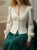 Linen Shirt, Long Sleeves,  Plain, Lace, French Vintage, White