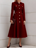 Pink Buckle Tweed Pointed Collar Long Sleeve A-Line Midi Dress