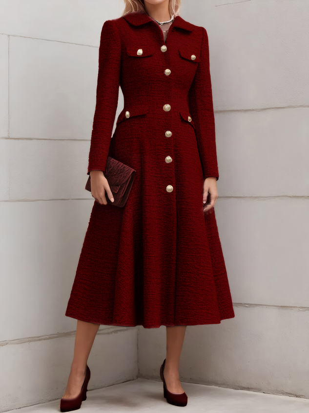 Pink Buckle Tweed Pointed Collar Long Sleeve A-Line Midi Dress
