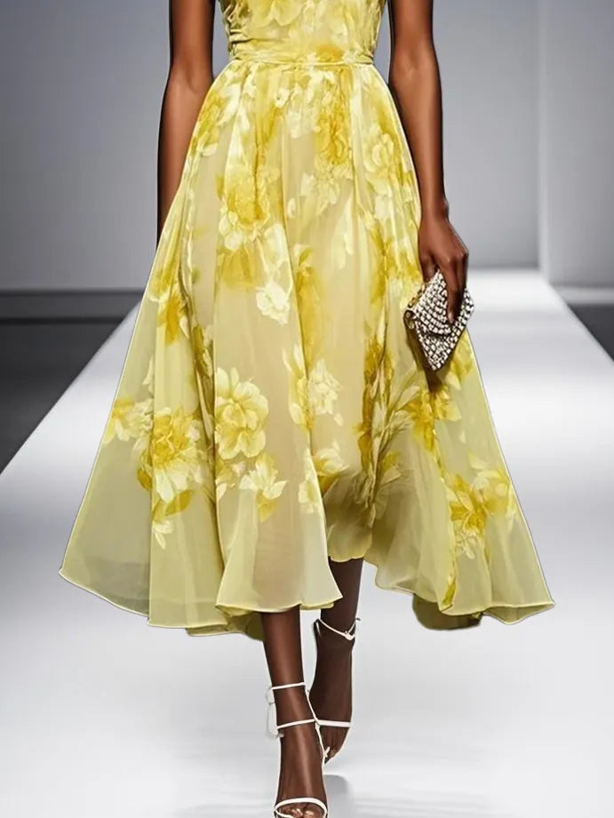 Yellow Floral Jacquard Chiffon Halter Sleeveless A-Line Midi Dress
