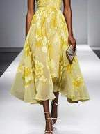 Yellow Floral Jacquard Chiffon Halter Sleeveless A-Line Midi Dress