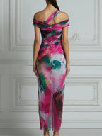 Asymmetric Off-Shoulder Watercolor Print Bodycon Midi Dress