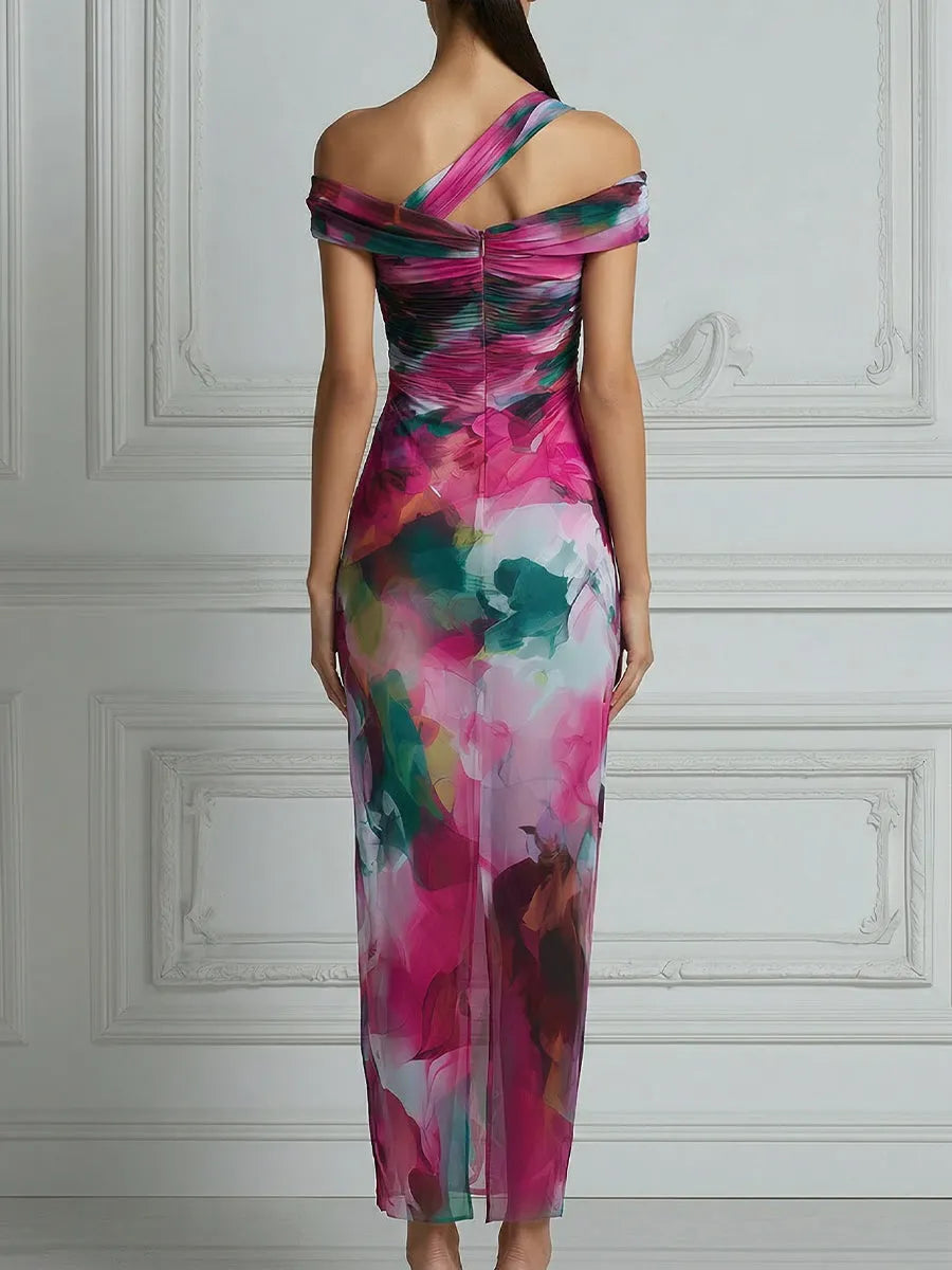 Asymmetric Off-Shoulder Watercolor Print Bodycon Midi Dress