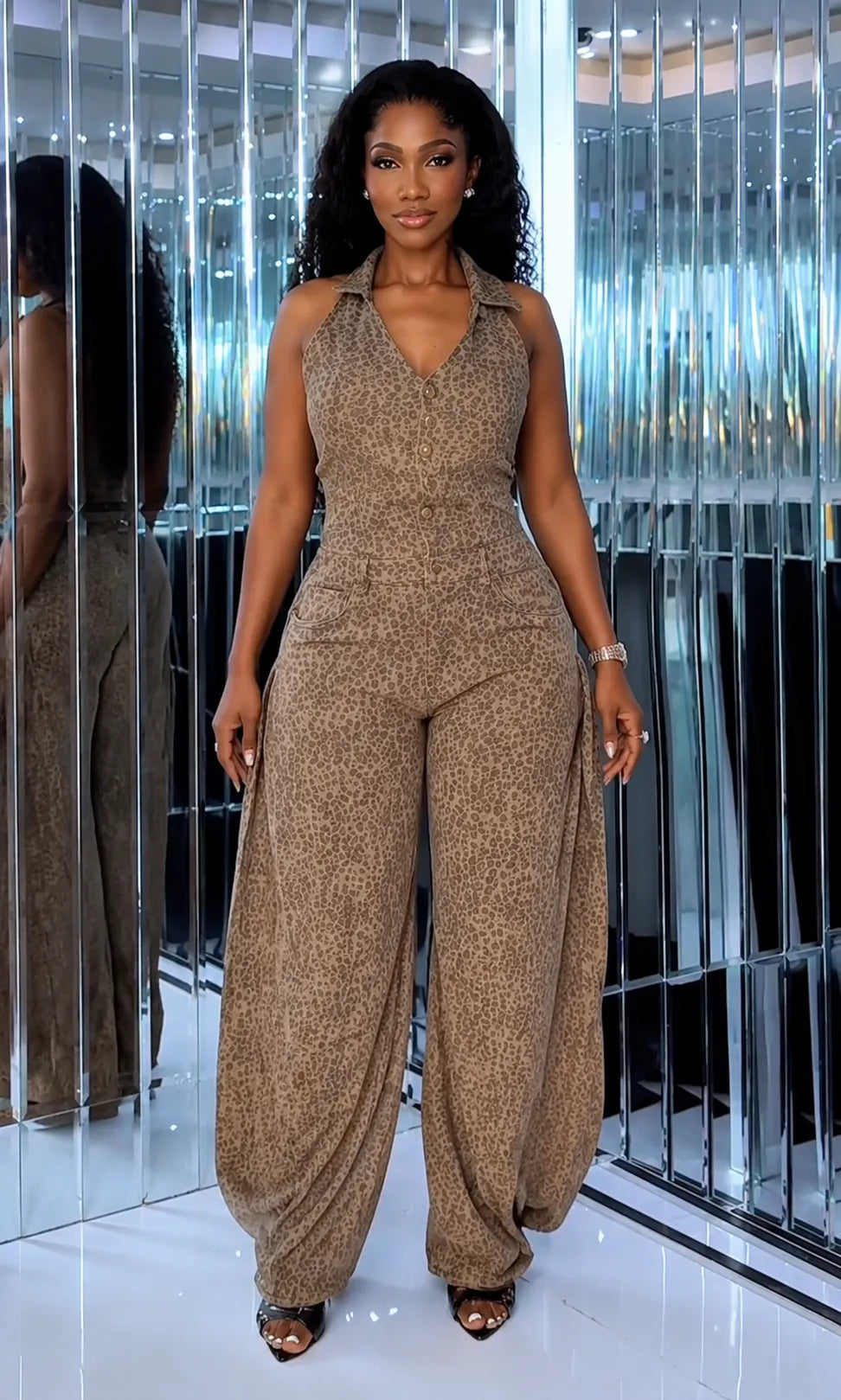 Leopard Print Halter Wide Leg Jumpsuit