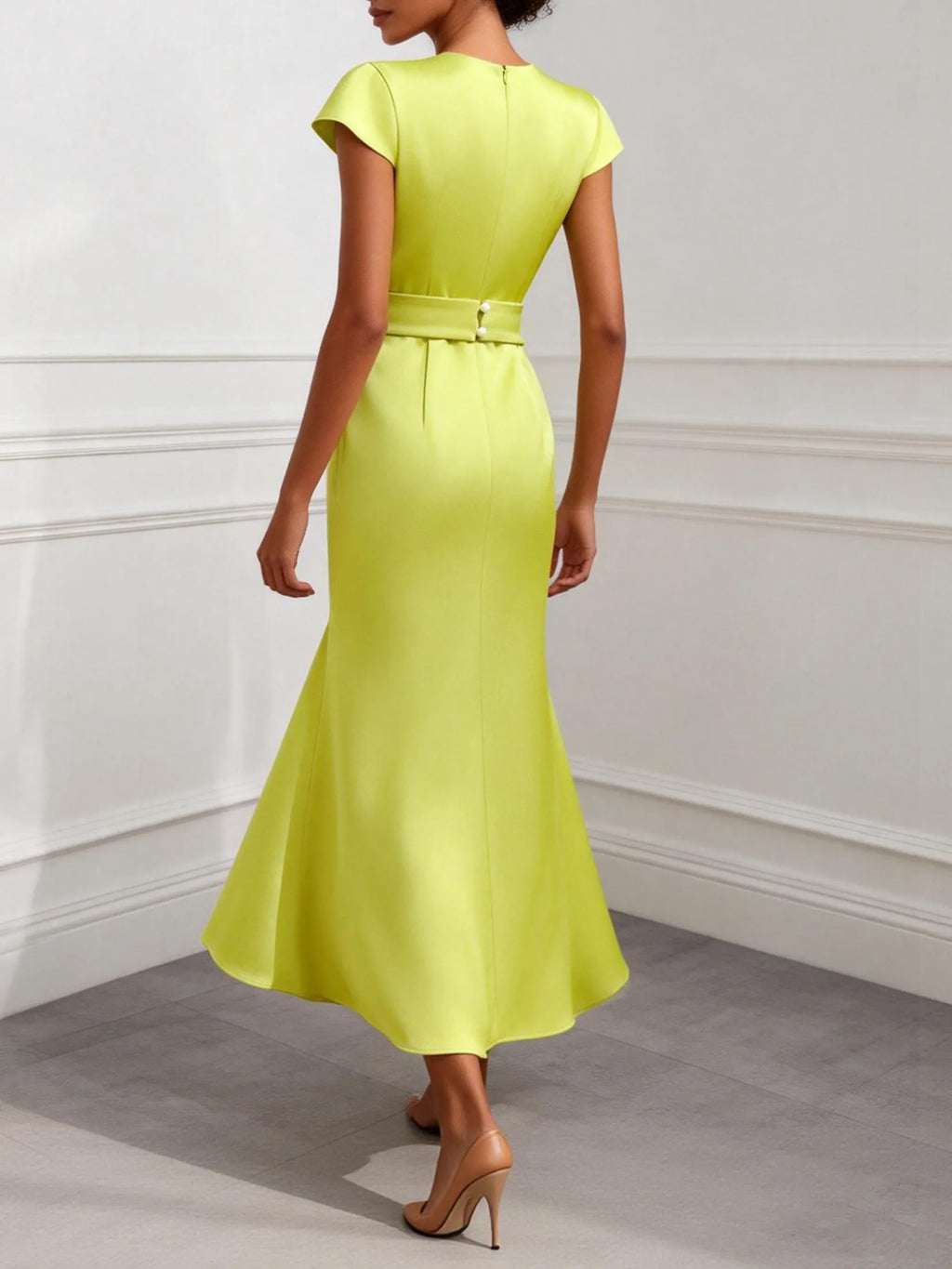Green Satin Floral Embroidery Cap Sleeve Slit Sheath Maxi Dress