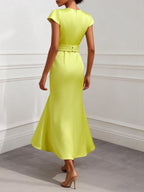 Green Satin Floral Embroidery Cap Sleeve Slit Sheath Maxi Dress