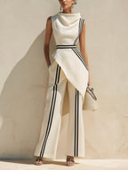 Cream Structured Cowl-Neck Top & Striped Wide-Leg Pants Set