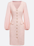 Pink Buckle Tweed V Neck Long Balloon Sleeve Sheath Midi Dress
