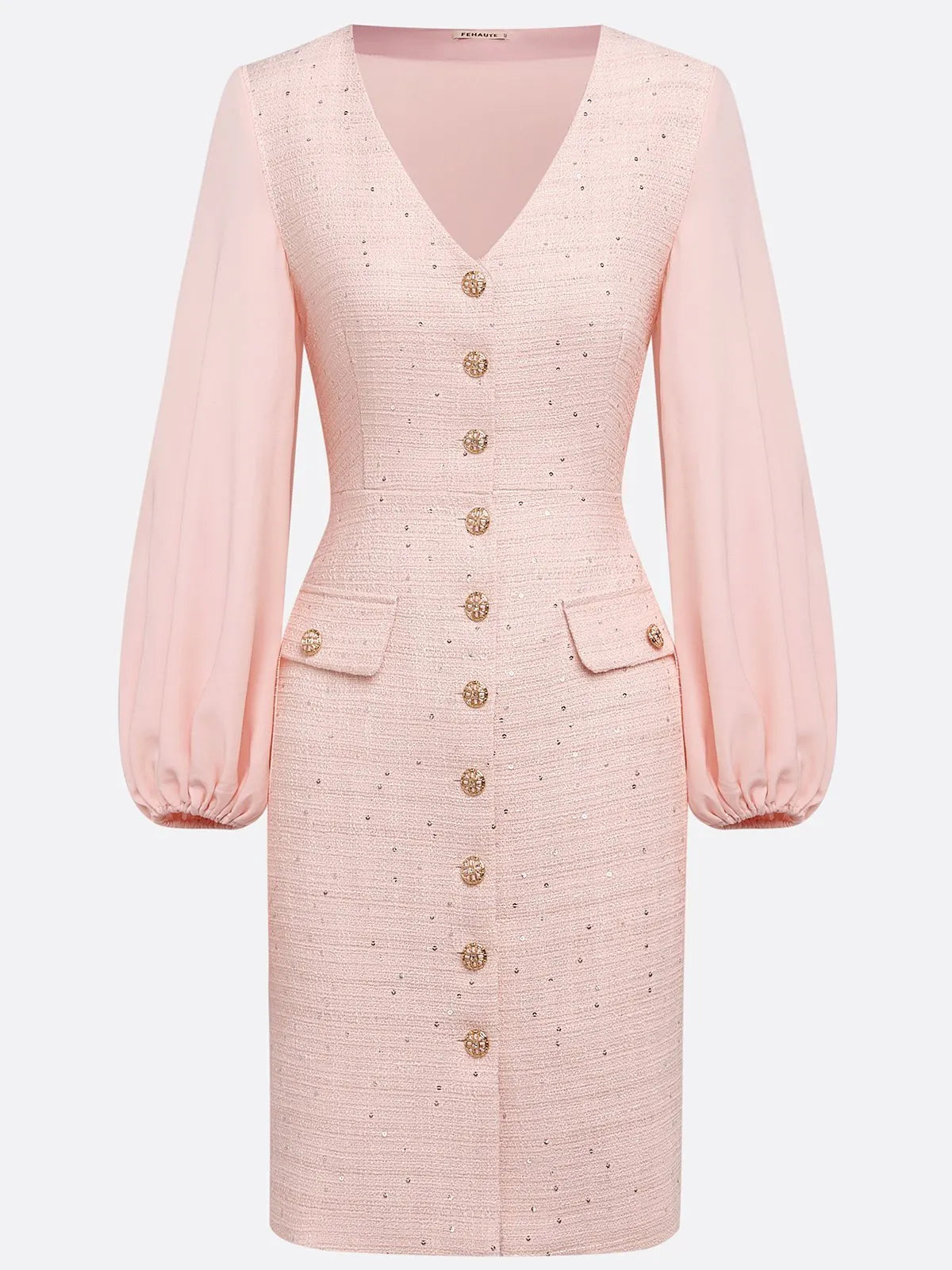 Pink Buckle Tweed V Neck Long Balloon Sleeve Sheath Midi Dress
