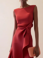 Red Asymmetric Ruffled Cotton Boat Neck Sleeveless A-Line Midi Dress