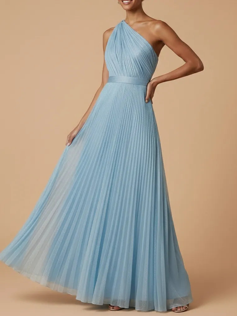 Light Blue Tulle One Shoulder Sleeveless A-Line Gown Dress