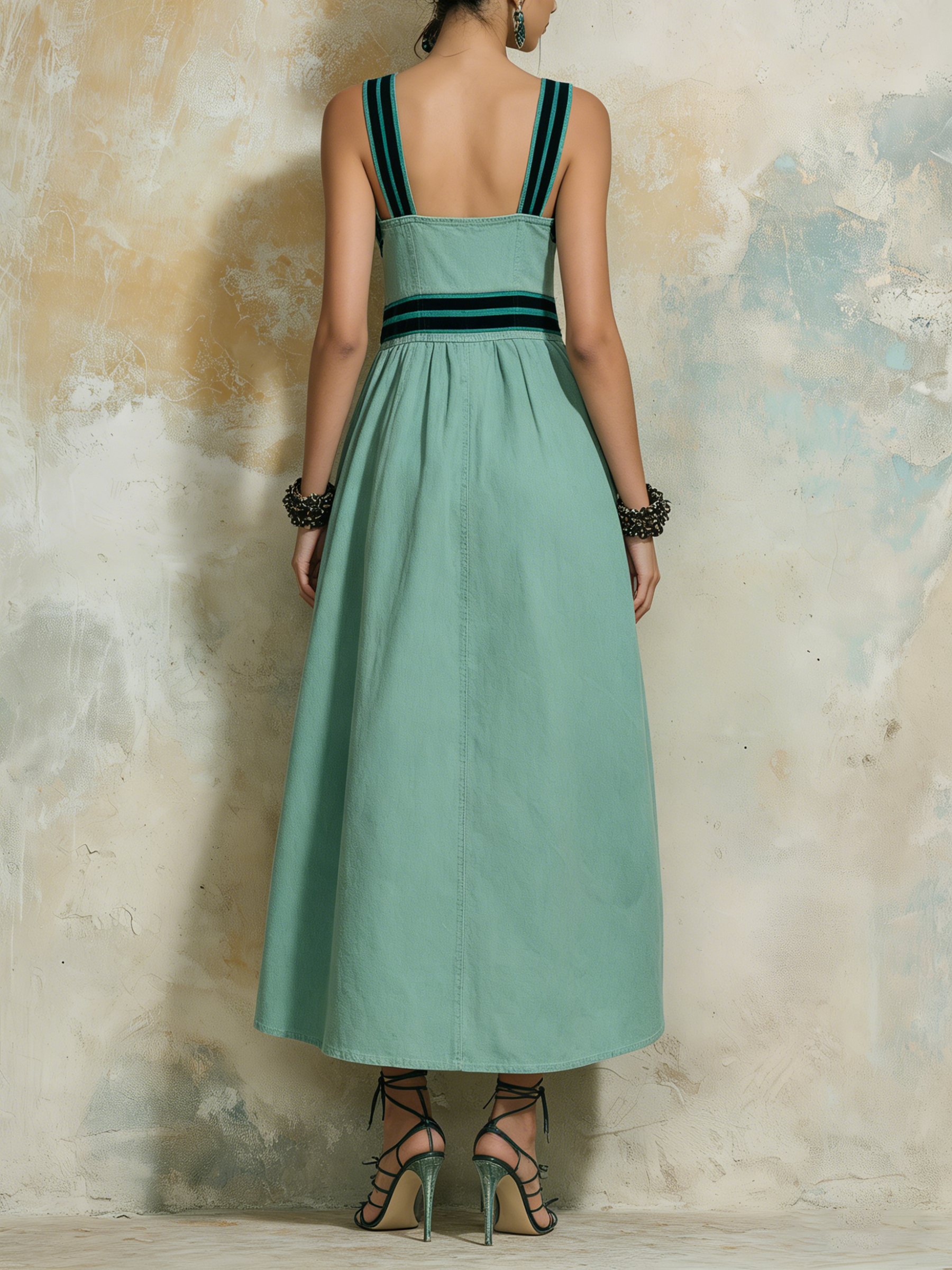Mint Green Denim Square Neck Midi Dress With Contrast Stripes & Pockets