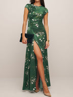 Green Slit Floral Satin Crew Neck Cap Sleeve A-Line Maxi Dress