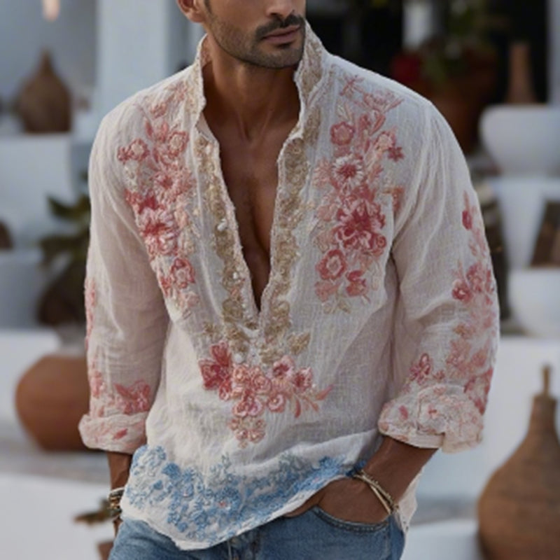 Men's Vintage Floral Embroidered Art Print Casual Shirt