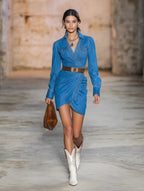 Western-style Blue Denim  With Irregular Design And Button Closure Mini Dress