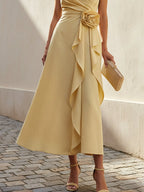 Maxi Linen Dress, Sleeveless, V Neck, Plain, 3D Floral, French Vintage, Yellow
