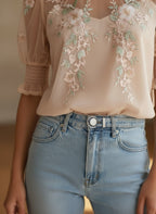Elegant Floral Embroidered Sheer Blouse