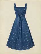 Midi Cotton Dress, Sleeveless, Square Neck, Polka Dots, Pocket Design, French Vintage, Deep Blue