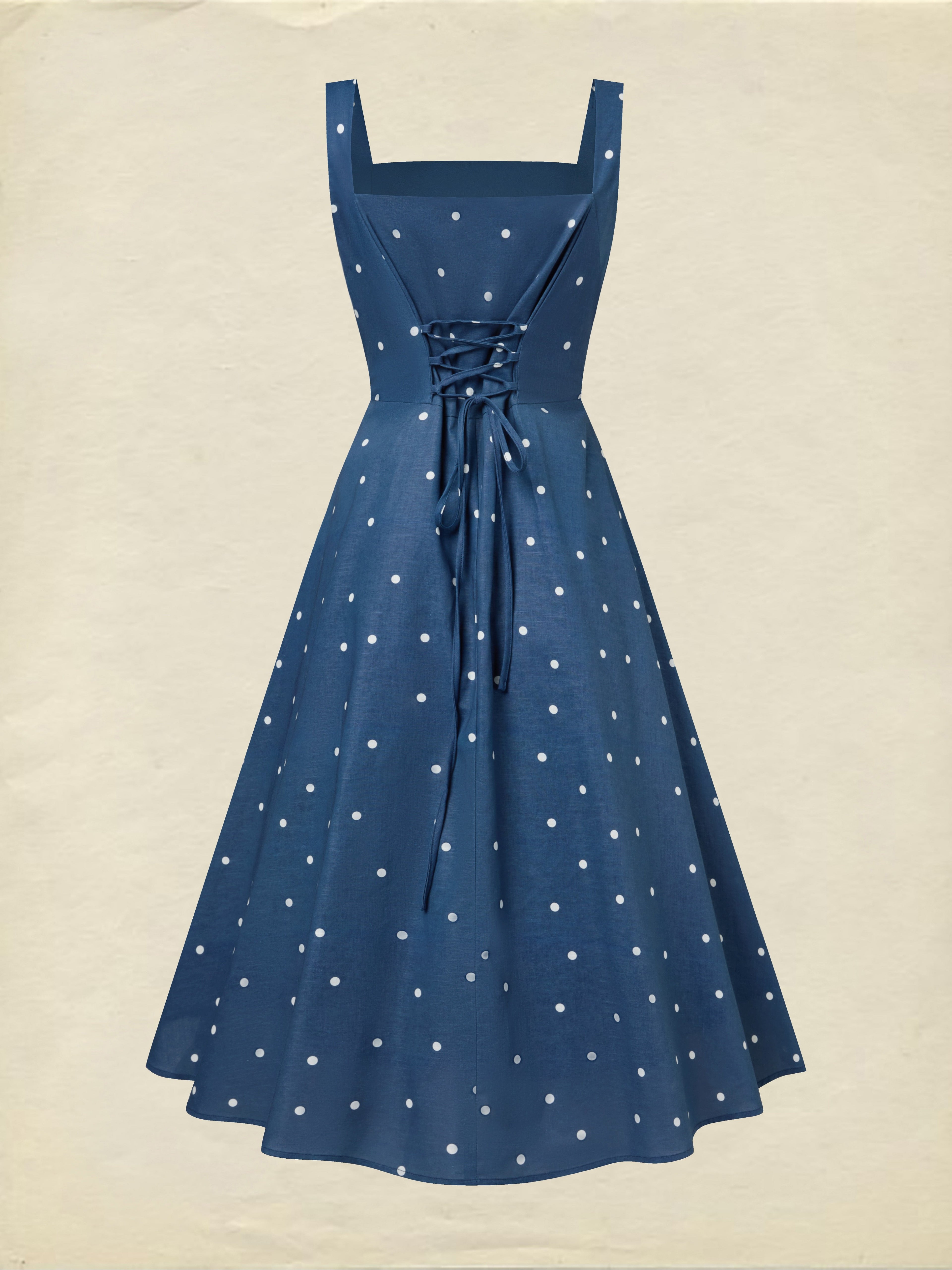 Midi Cotton Dress, Sleeveless, Square Neck, Polka Dots, Pocket Design, French Vintage, Deep Blue