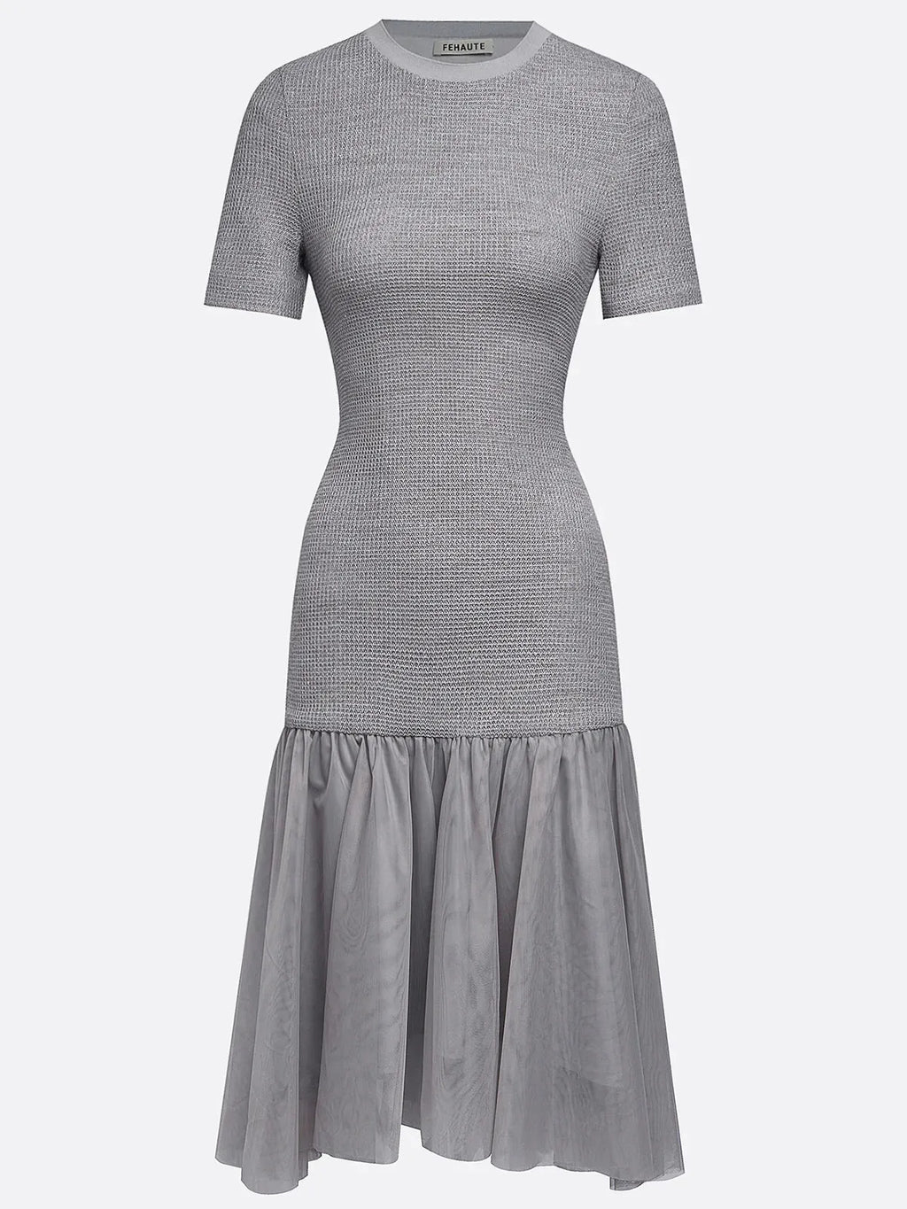 Gray Asymmetric Knit Cotton Crew Neck Half Sleeve Mermaid Midi Dress