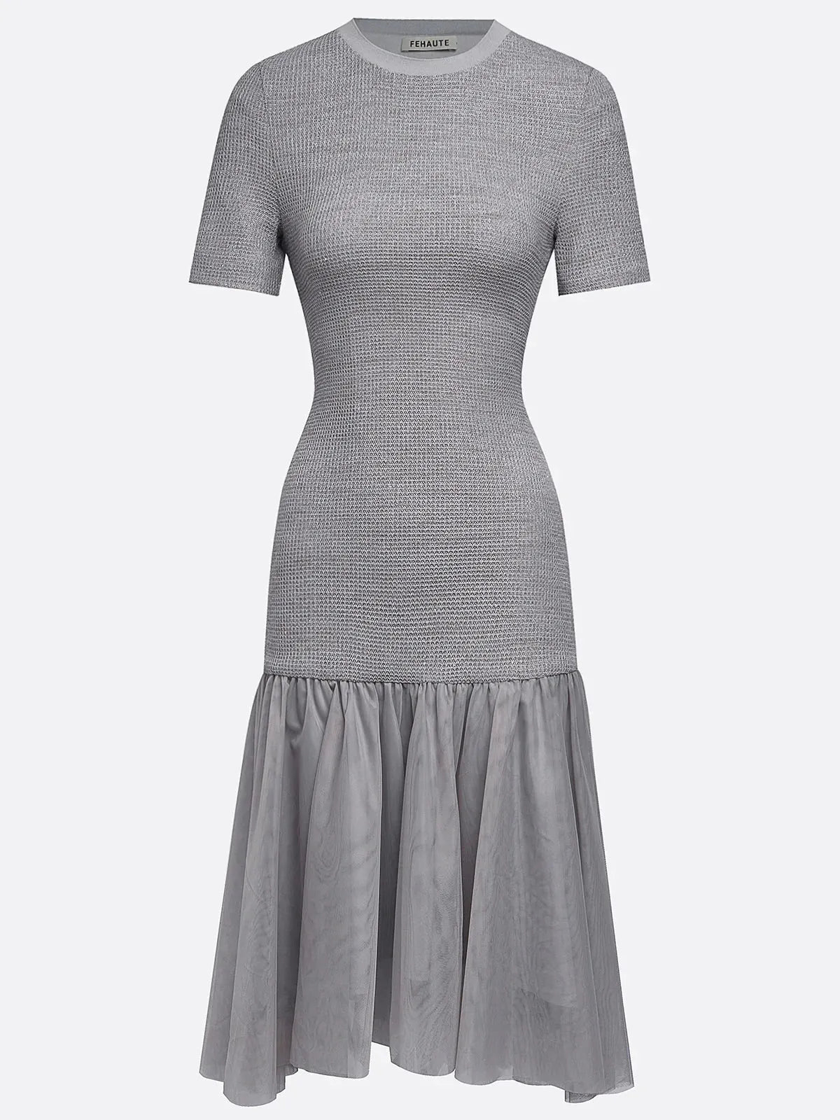 Gray Asymmetric Knit Cotton Crew Neck Half Sleeve Mermaid Midi Dress