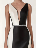 Black and White Satin Dress with Crystal Waist Detail