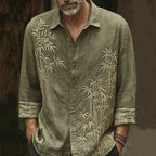 Men's Vintage Bamboo Embroidery Art Long Sleeve Shirt