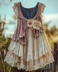 Summer Vacation Ruffle Lace Contrast Color Denim Patchwork Top c2f7