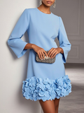 Pink 3D Floral Classic Crew Neck Bell Long Sleeve Shift Mini Dress