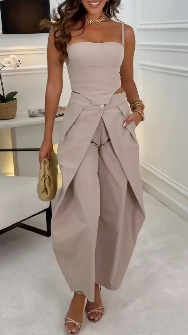 Nude Corset Wrap Overlay Trouser Two Piece Suit