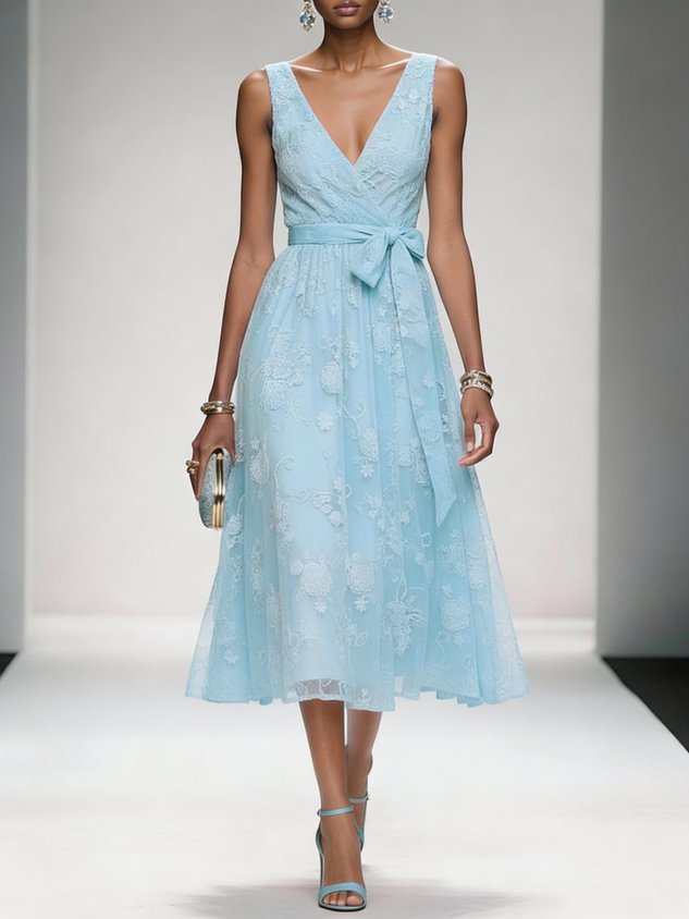 Light Pink Bow Embroidery Classic V Neck Sleeveless A-Line Midi Dress With Pockets