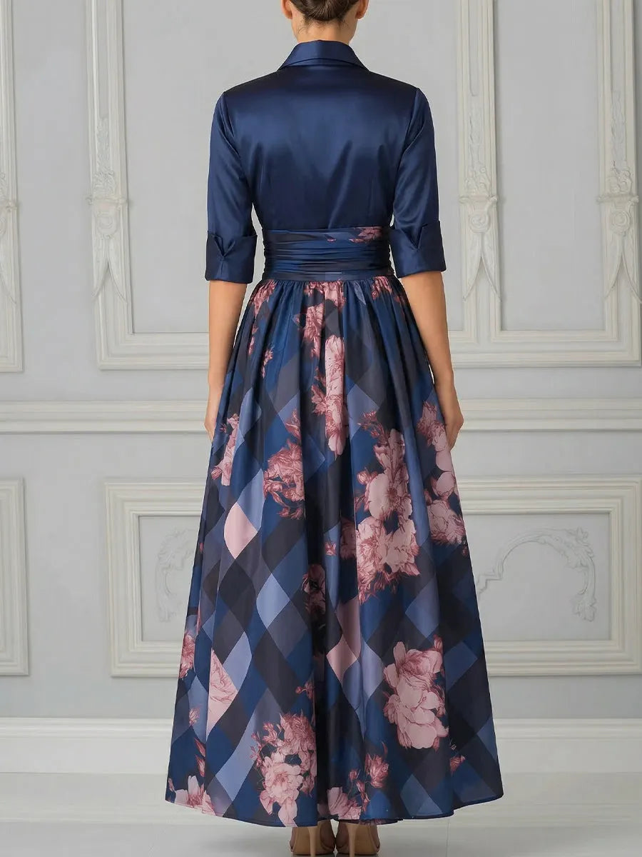 Collared Waist-Tie Pleated A-Line Maxi Dress