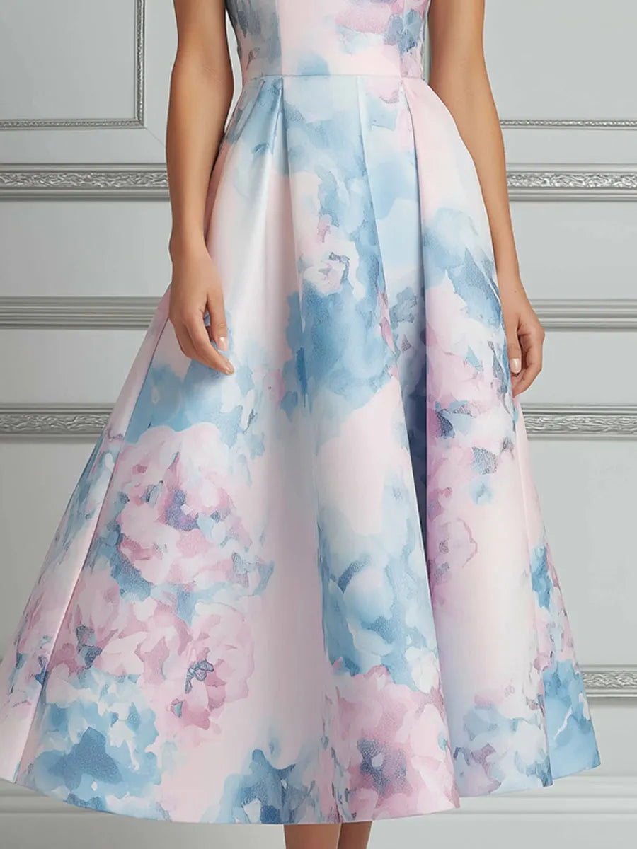 Cheongsam Collar Midi Dress With Watercolor Floral Print