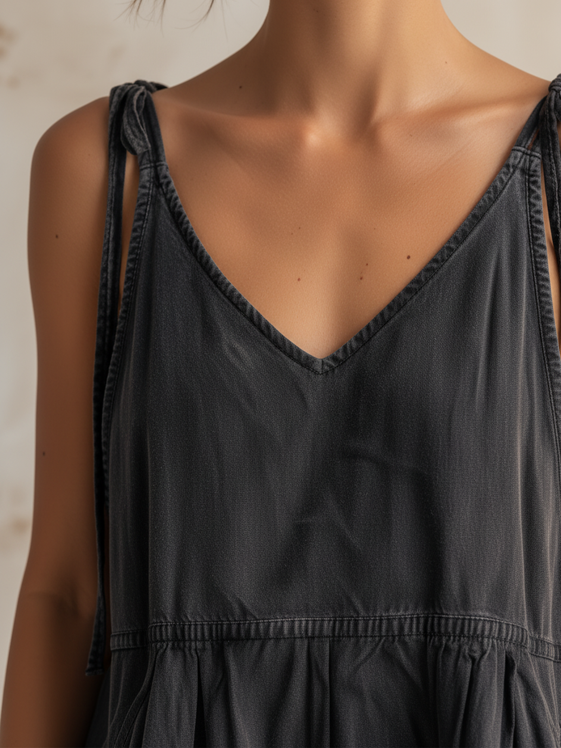 Washed Dark Gray Tencel Denim Tie Strap Harem Jumpsuit