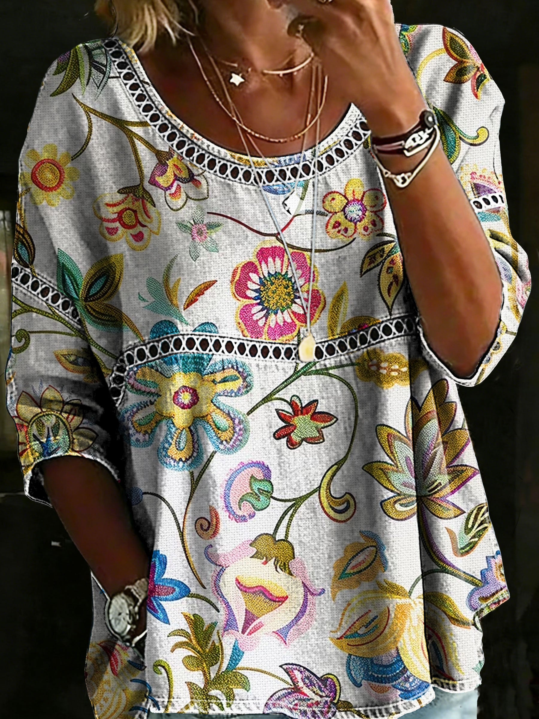 Women's Vintage Floral Casual Loose Denim Blouse Shirt