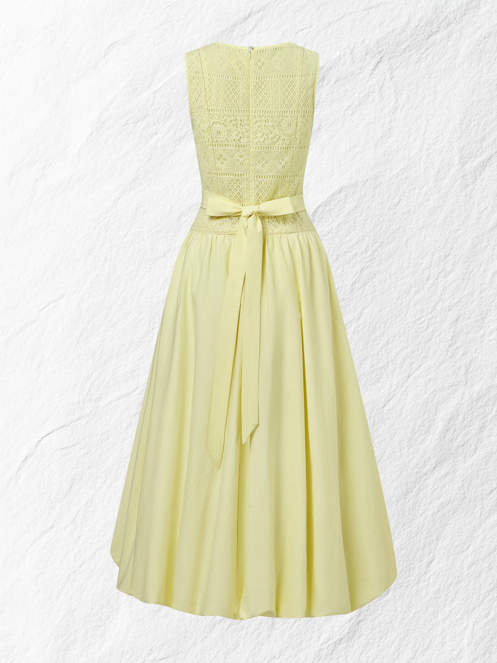 Midi Cotton Dress, Sleeveless, Round Neck, Plain, Lace, French Vintage, Light Yellow