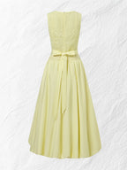 Midi Cotton Dress, Sleeveless, Round Neck, Plain, Lace, French Vintage, Light Yellow